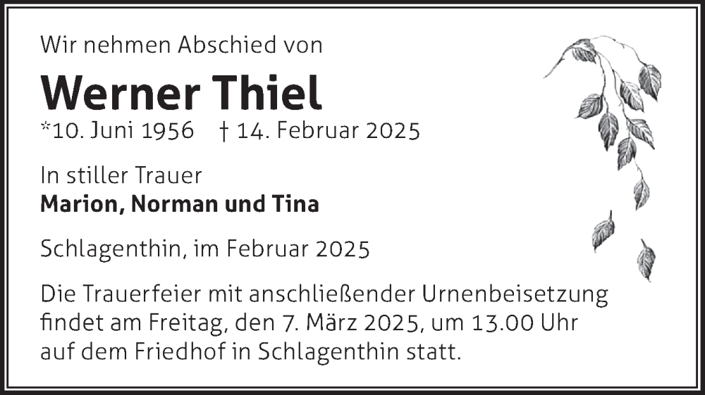  Traueranzeige für Werner Thiel vom 22.02.2025 aus Märkische Oderzeitung