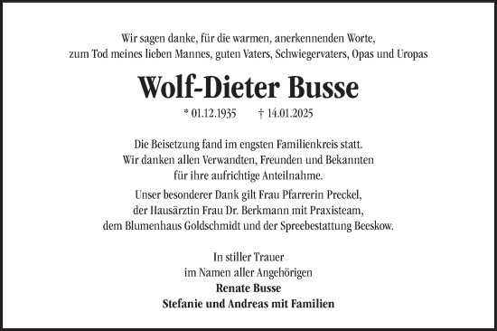 Traueranzeige von Wolf-Dieter Busse von Märkische Oderzeitung