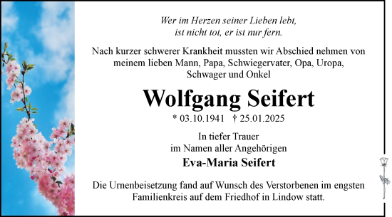 Traueranzeige von Wolfgang Seifert von Märkische Oderzeitung