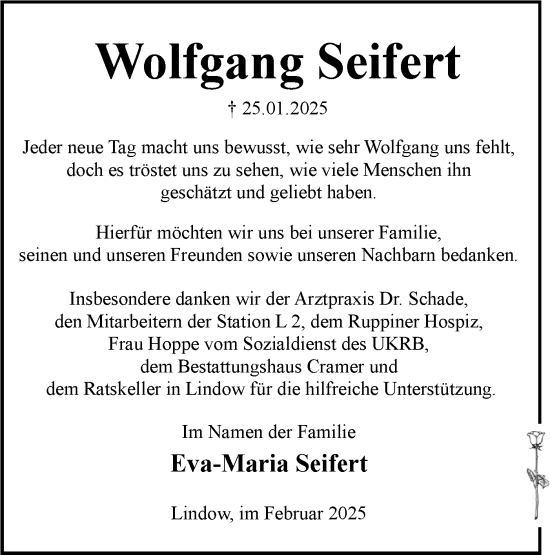 Traueranzeige von Wolfgang Seifert von Märkische Oderzeitung