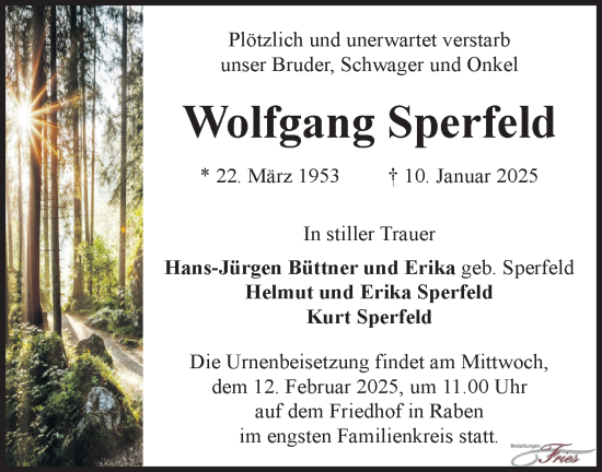 Traueranzeige von Wolfgang Sperfeld von Märkische Oderzeitung