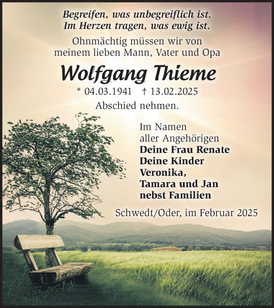 Traueranzeige von Wolfgang Thieme von Märkische Oderzeitung