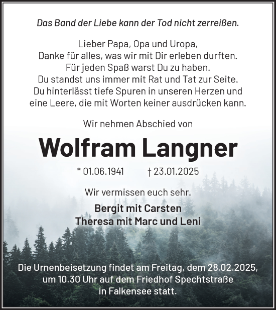 Traueranzeige von Wolfram Langner von Märkische Oderzeitung
