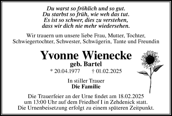 Traueranzeige von Yvonne Wienecke von Märkische Oderzeitung