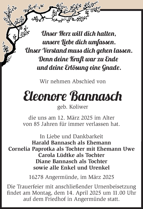 Traueranzeige von Eleonore Bannasch von Märkische Oderzeitung