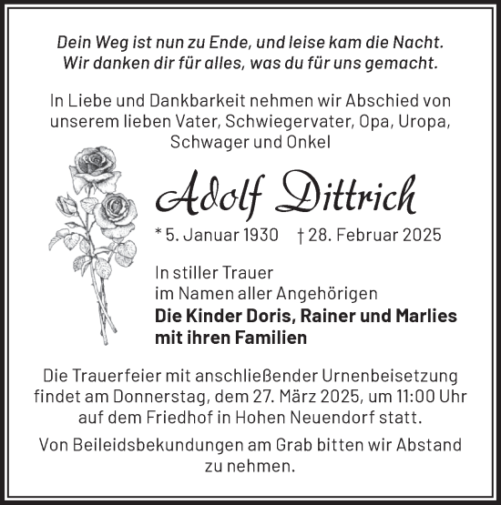 Traueranzeige von Adolf Dittrich von Märkische Oderzeitung