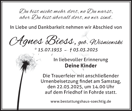 Traueranzeige von Agnes Biess von Märkische Oderzeitung
