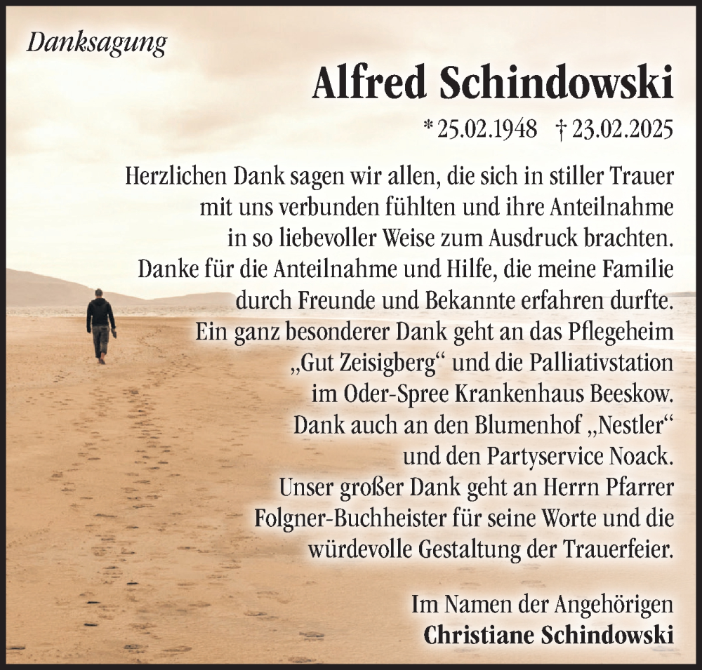  Traueranzeige für Alfred Schindowski vom 22.03.2025 aus Märkische Oderzeitung