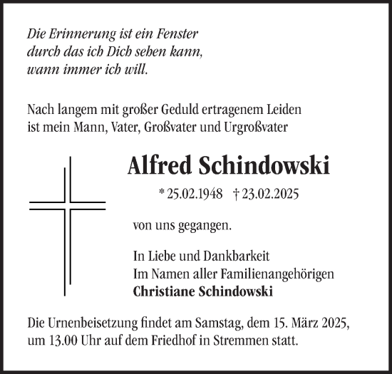 Traueranzeige von Alfred Schindowski von Märkische Oderzeitung