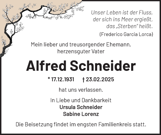 Traueranzeige von Alfred Schneider von Märkische Oderzeitung