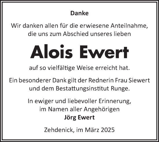 Traueranzeige von Alois Ewert von Märkische Oderzeitung