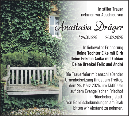 Traueranzeige von Anastasia Dräger von Märkische Oderzeitung