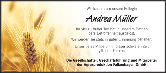 Traueranzeige von Andrea Müller von Märkische Oderzeitung