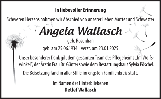 Traueranzeige von Angela Wallasch von Märkische Oderzeitung