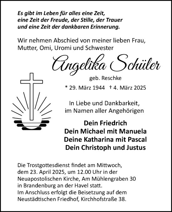 Traueranzeige von Angelika Schüler von Märkische Oderzeitung