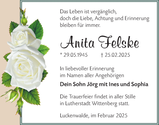 Traueranzeige von Anita Felske von Märkische Oderzeitung