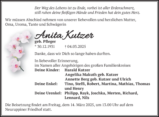 Traueranzeige von Anita Kutzer von Märkische Oderzeitung