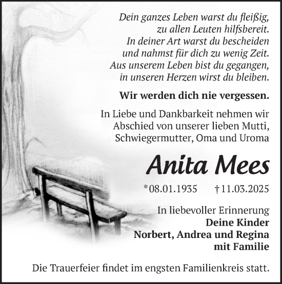 Traueranzeige von Anita Mees von Märkische Oderzeitung