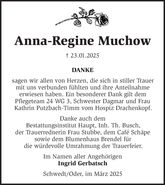 Traueranzeige von Anna-Regine Muchow von Märkische Oderzeitung