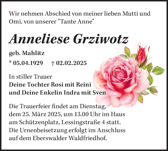 Traueranzeige von Anneliese Grziwotz von Märkische Oderzeitung