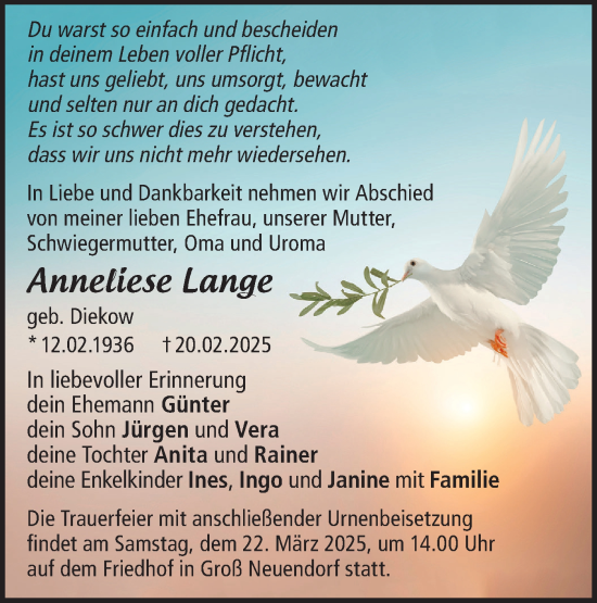 Traueranzeige von Anneliese Lange von Märkische Oderzeitung
