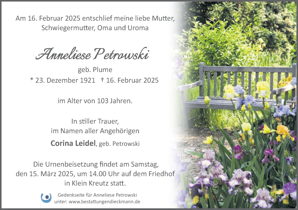  Traueranzeige für Anneliese Petrowski vom 01.03.2025 aus Märkische Oderzeitung