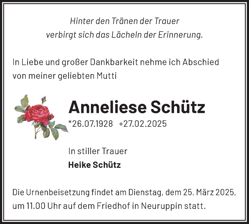  Traueranzeige für Anneliese Schütz vom 08.03.2025 aus Märkische Oderzeitung