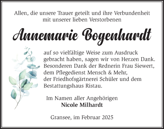 Traueranzeige von Annemarie Bogenhardt von Märkische Oderzeitung