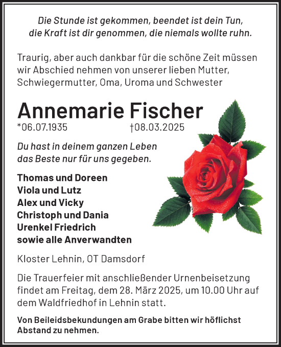 Traueranzeige von Annemarie Fischer von Märkische Oderzeitung