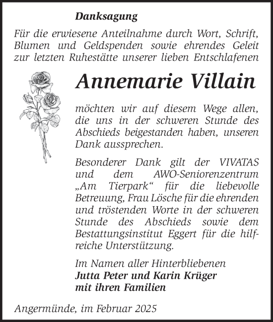Traueranzeige von Annemarie Villain von Märkische Oderzeitung