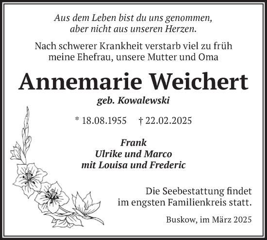 Traueranzeige von Annemarie Weichert von Märkische Oderzeitung