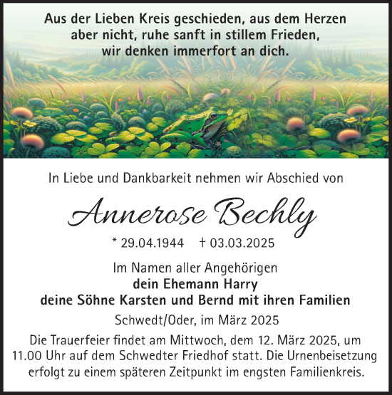 Traueranzeige von Annerose Bechly von Märkische Oderzeitung