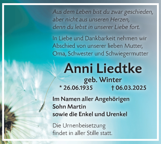 Traueranzeige von Anni Liedtke von Märkische Oderzeitung