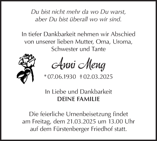 Traueranzeige von Anni Meng von Märkische Oderzeitung