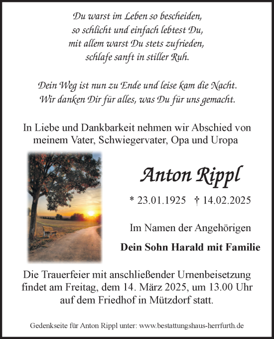Traueranzeige von Anton Rippl von Märkische Oderzeitung