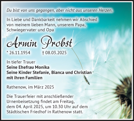 Traueranzeige von Armin Probst von Märkische Oderzeitung