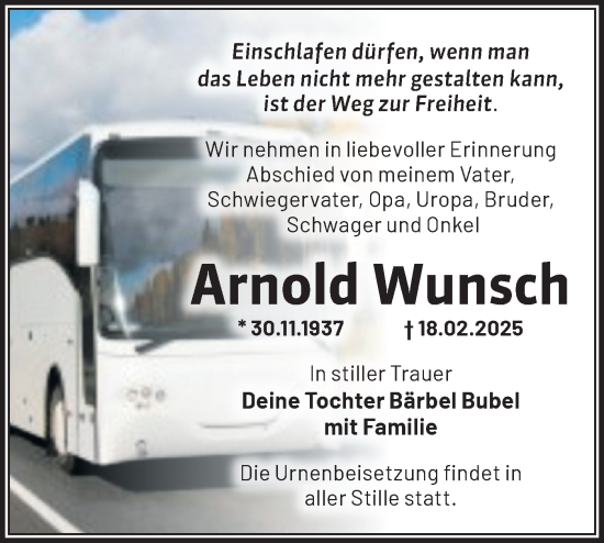 Traueranzeige von Arnold Wunsch von Märkische Oderzeitung