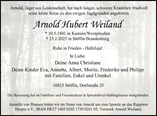 Traueranzeige von Arnold Hubert Weiland von Märkische Oderzeitung