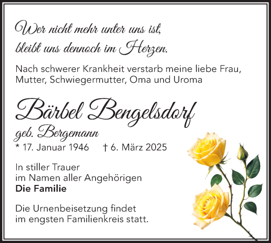 Traueranzeige von Bärbel Bengelsdorf von Märkische Oderzeitung