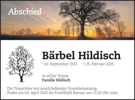 Traueranzeige von Bärbel Hildisch von Märkische Oderzeitung