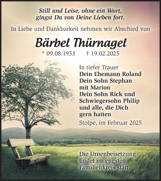 Traueranzeige von Bärbel Thürnagel von Märkische Oderzeitung