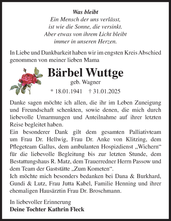 Traueranzeige von Bärbel Wuttge von Märkische Oderzeitung