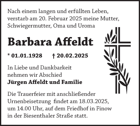 Traueranzeige von Barbara Affeldt von Märkische Oderzeitung