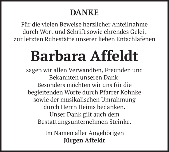 Traueranzeige von Barbara Affeldt von Märkische Oderzeitung