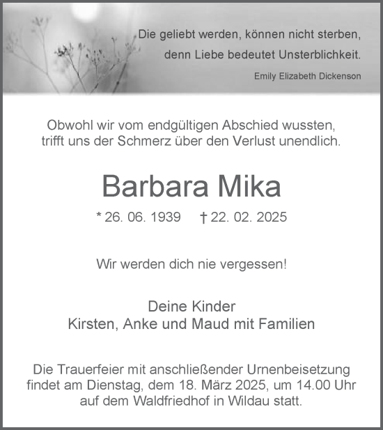 Traueranzeige von Barbara Mika von Märkische Oderzeitung