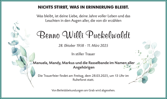 Traueranzeige von Benno Willi Puckelwaldt von Märkische Oderzeitung
