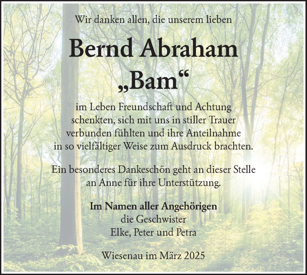  Traueranzeige für Bernd Abraham vom 22.03.2025 aus Märkische Oderzeitung