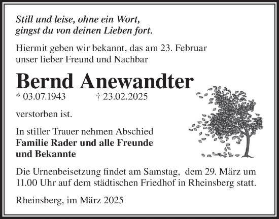 Traueranzeige von Bernd Anewandter von Märkische Oderzeitung