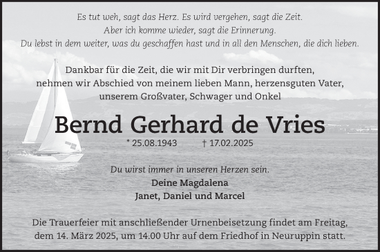Traueranzeige von Bernd Gerhard de Vries von Märkische Oderzeitung