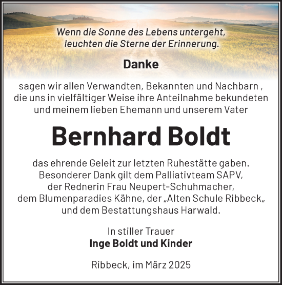 Traueranzeige von Bernhard Boldt von Märkische Oderzeitung